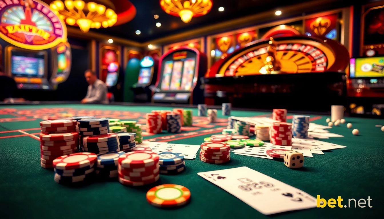 Experience thrilling gambling action at http://228kbet.net/ with vibrant casino tables and poker chips.