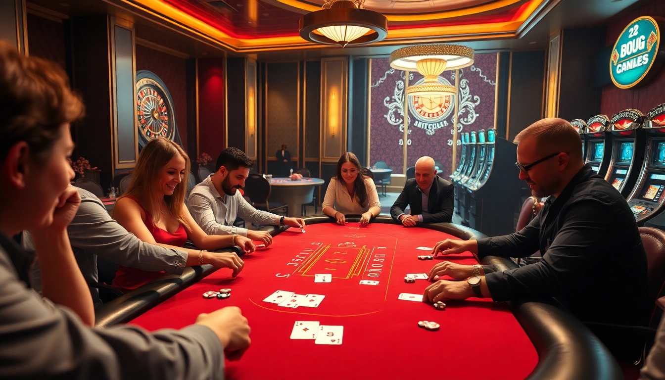 Hitclub poker players strategizing at a luxurious casino table amid vibrant lights and chips.