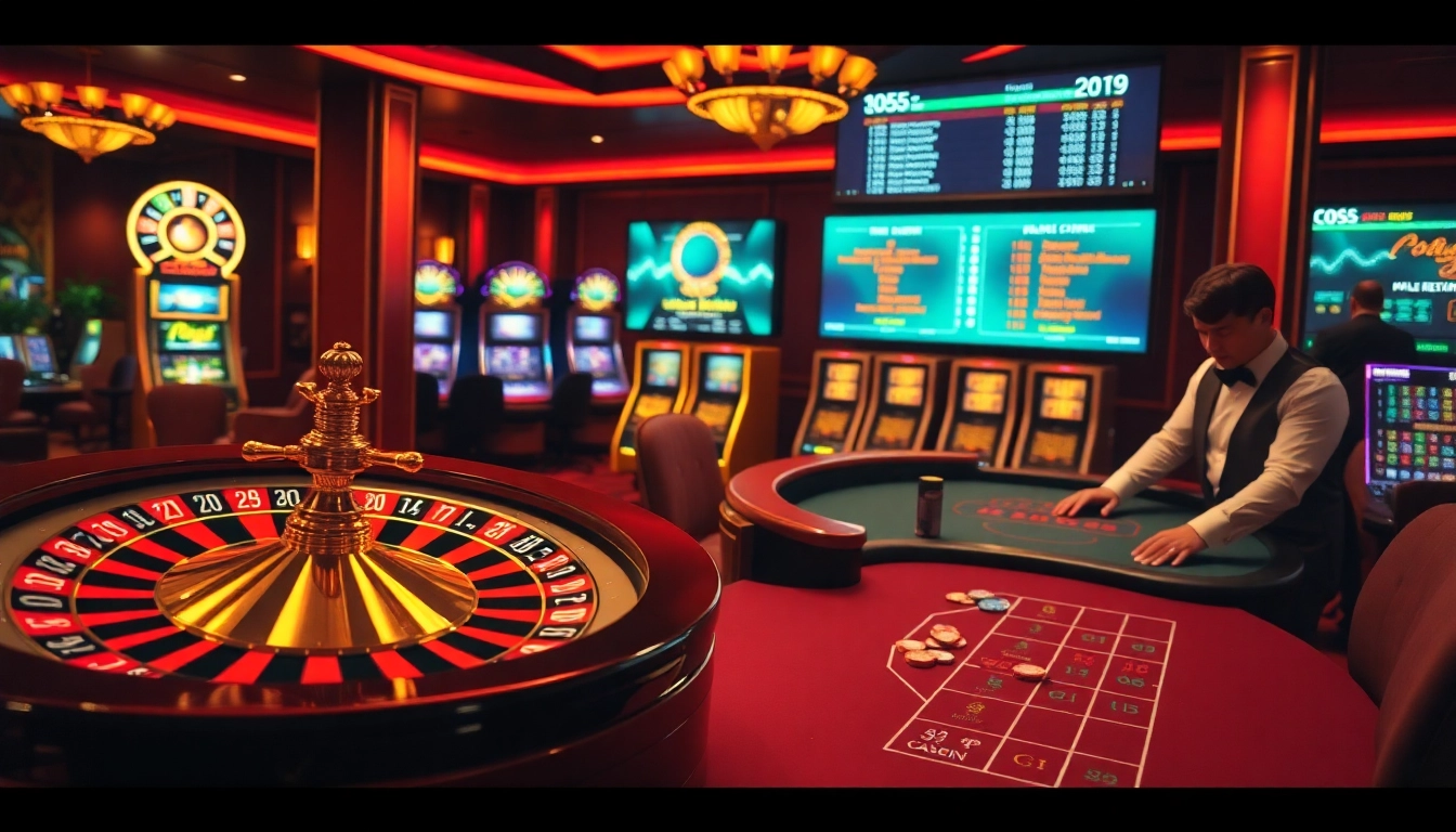 Engaging scene of Luckywin casino gaming featuring roulette, blackjack, and slot machines.