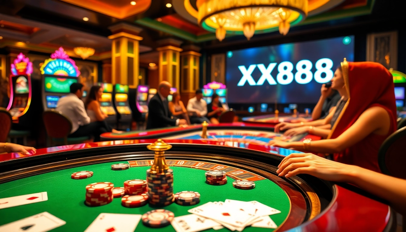 Experience the thrill of gambling at XXX88 with vibrant casino elements like poker chips and roulette wheels.