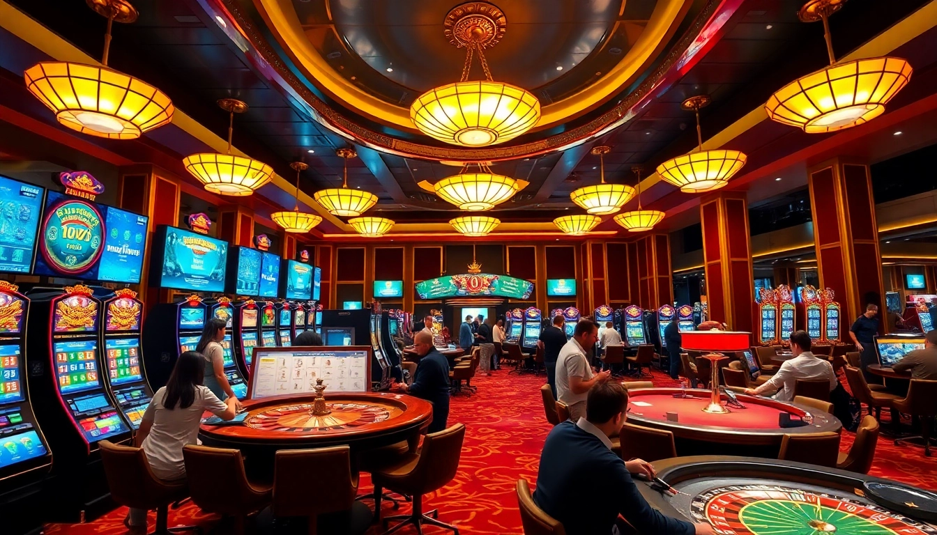 Engaging casino action at king33.io with vibrant slot machines and roulette wheels.