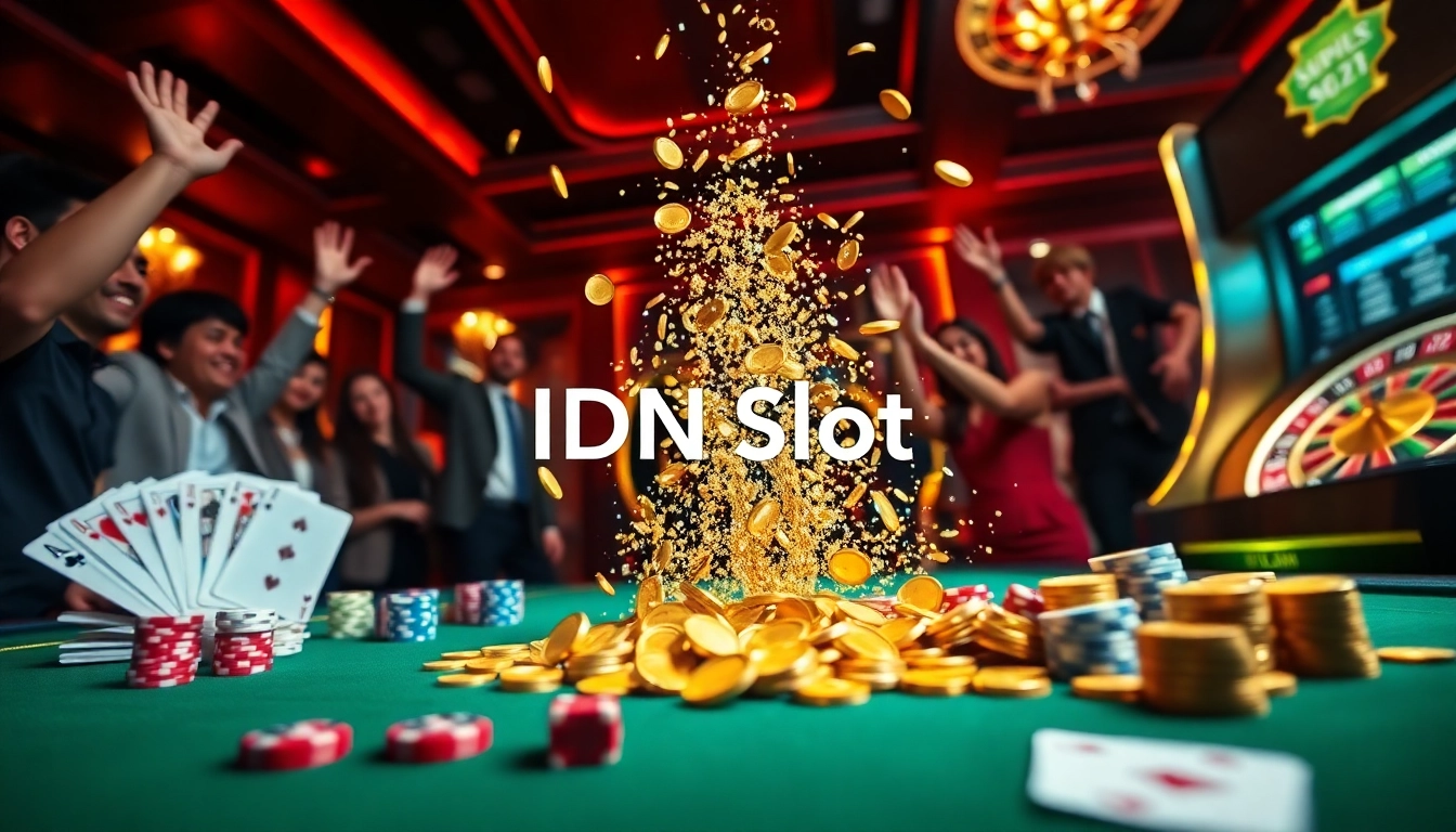 Players winning at an IDNslot machine, surrounded by poker chips and cards in a luxury casino.