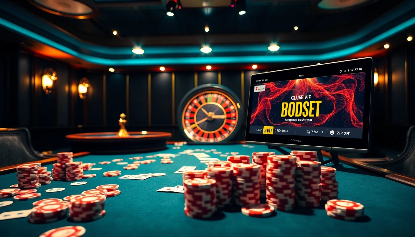 Engaging scene showcasing Clube VIP HHBET with luxurious poker tables and roulette wheels.