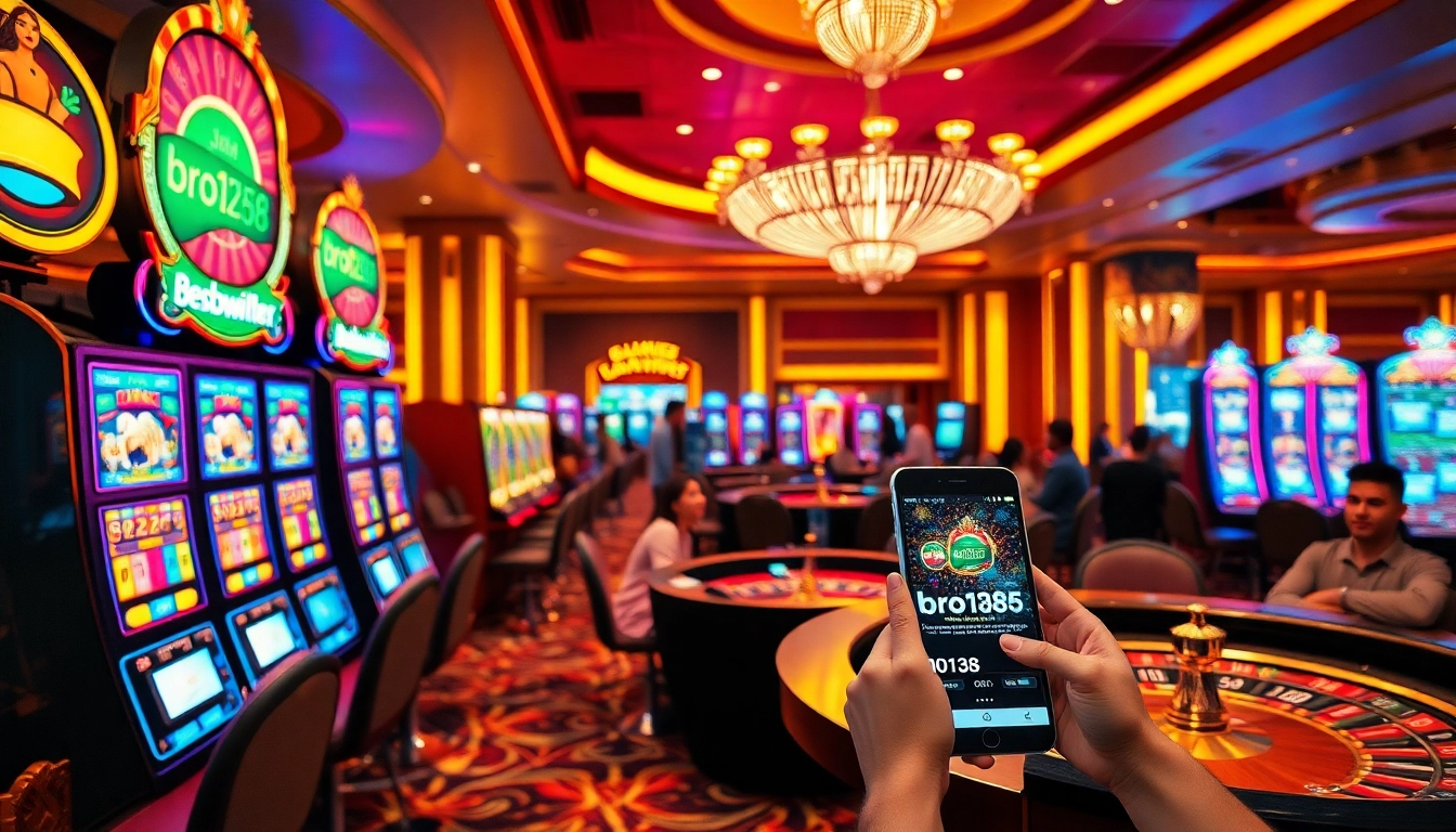 Experience the thrill of bro138 with players enjoying vibrant slot machines and roulette.