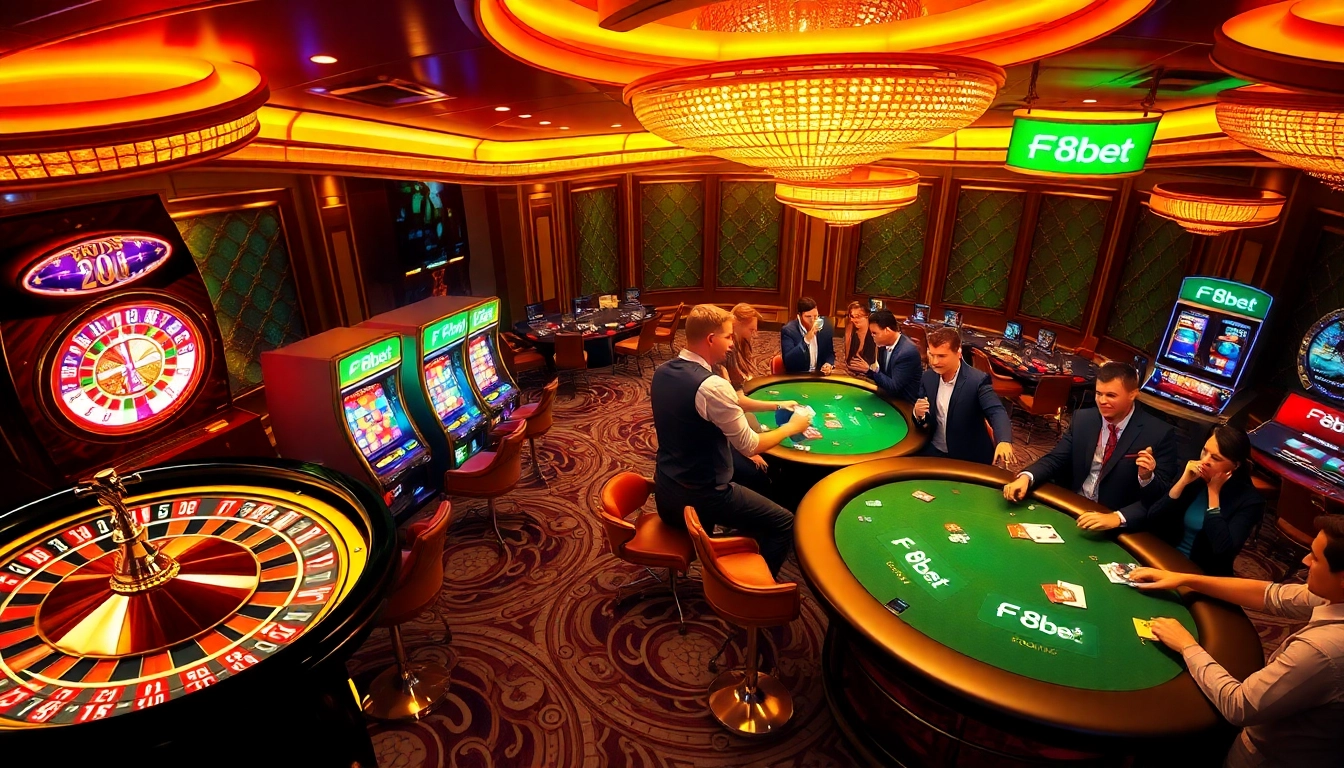 Experience the thrill of F8bet with dynamic casino tables and players enjoying poker and roulette.