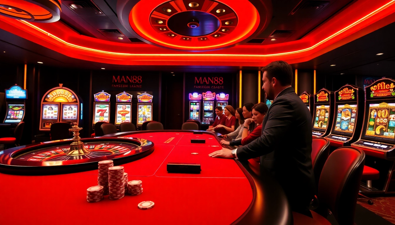 Experience the thrill of gambling at Man88 with immersive casino visuals featuring poker chips and slot machines.