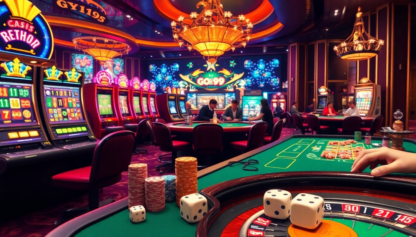 The go99 game experience comes alive at a luxurious casino with vibrant slot machines and engaged players.
