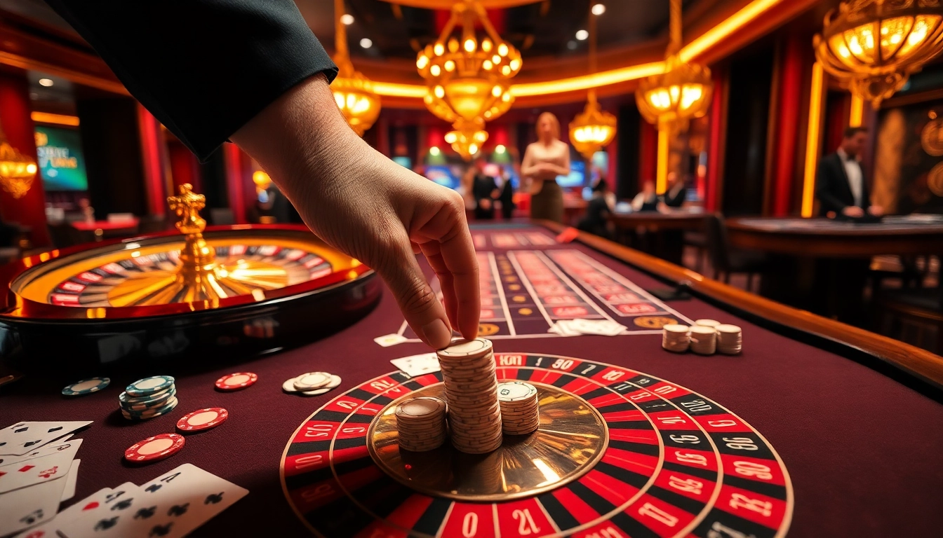 Exciting casino scene featuring GO88 gaming tables with vibrant poker chips and roulette wheels.