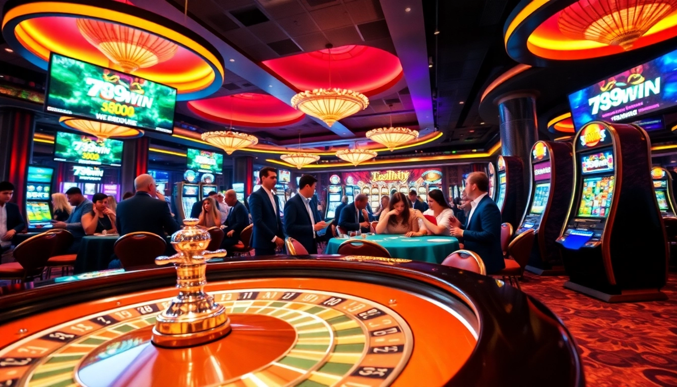Players enjoying a thrilling betting experience at 789win casino, featuring roulette and poker tables.