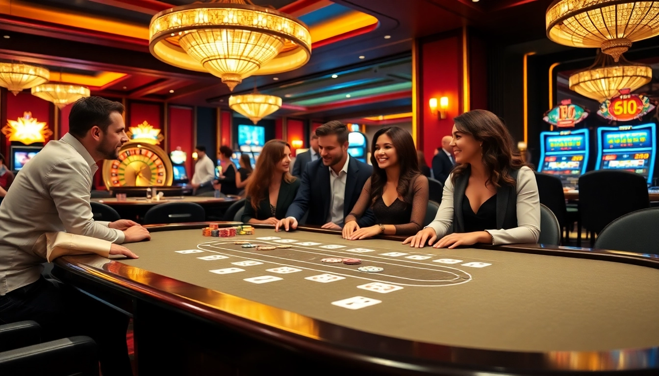 Migration agent in Brisbane discussing winning strategies at an elegant casino table with cards and chips.