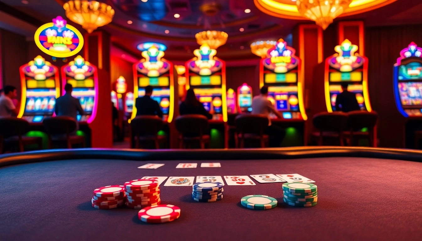 Players enjoying a vibrant gambling atmosphere at J88 casino with poker chips and slot machines.