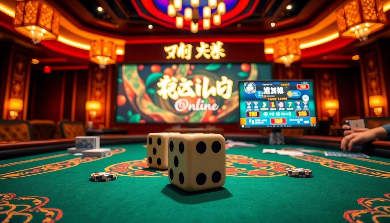 Tai Xiu online game scene with dice, poker chips, and vibrant casino atmosphere