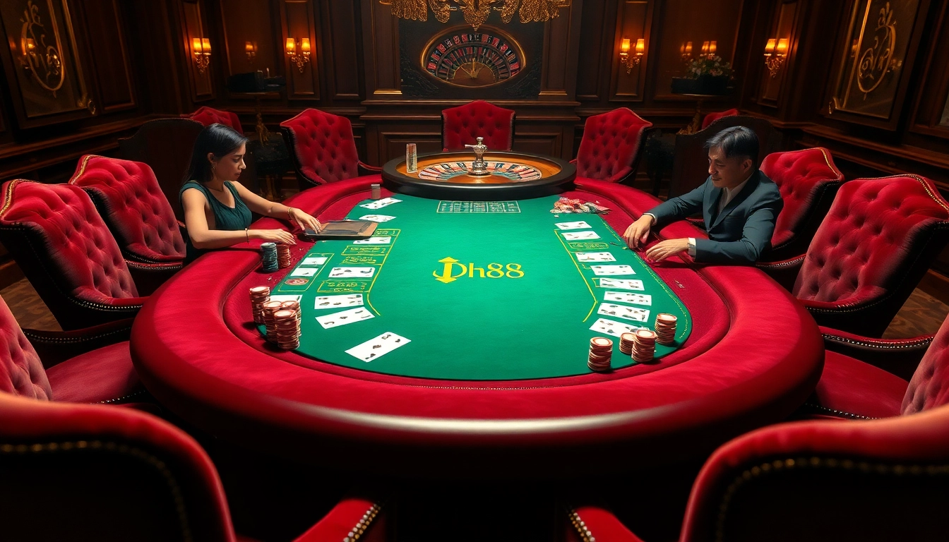 DH88 poker table with rich decor, vibrant chips, and engaged players in a luxury casino setting