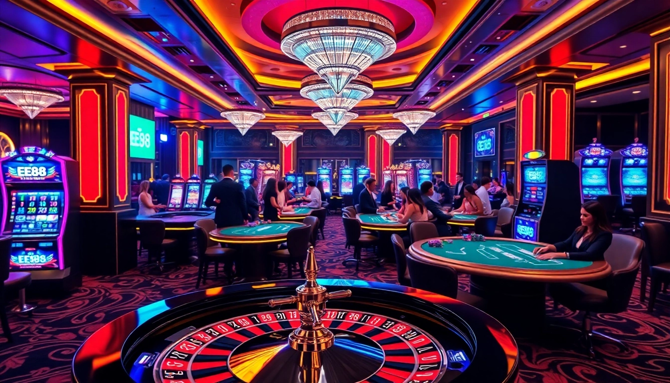 EE88 casino scene with players at roulette and poker tables, showcasing excitement and luxury in gambling.