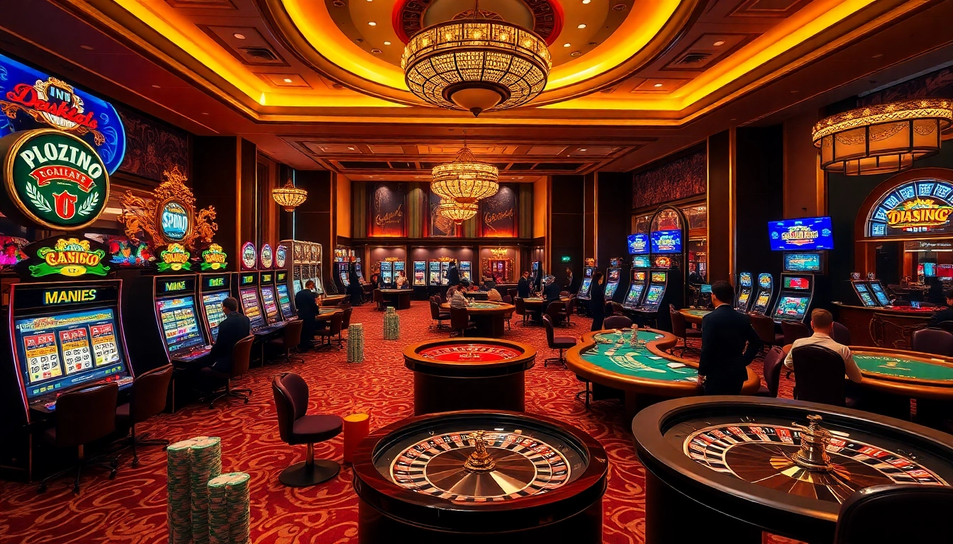 Players enjoying a thrilling casino experience at https://nohu90io.uk.net/, with vibrant tables and slot machines.
