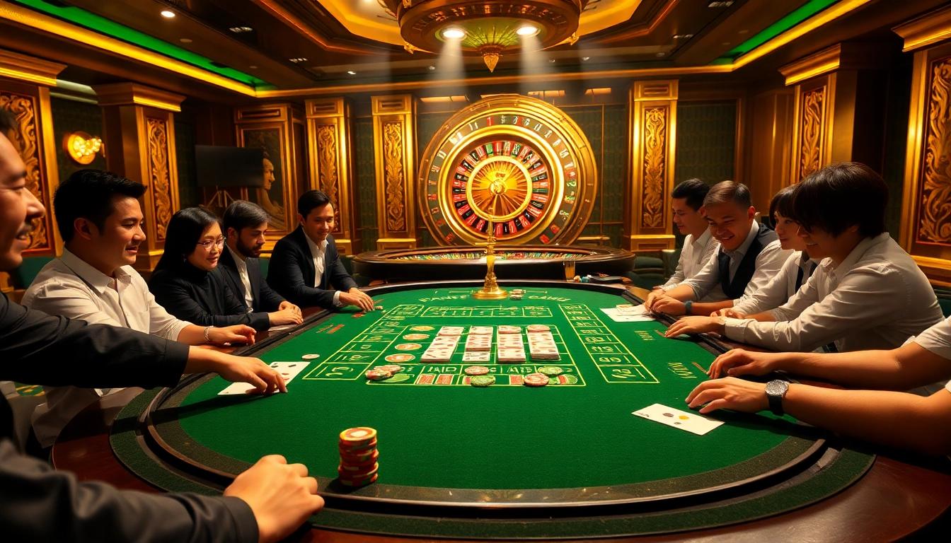 Experience the excitement of game bài đổi thưởng at a luxurious casino table filled with vibrant cards and chips.