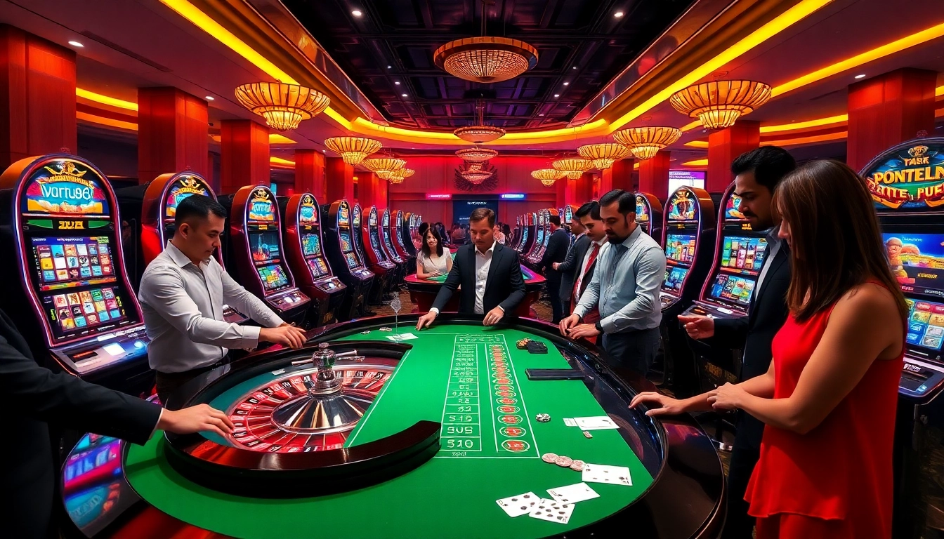 Exciting casino scene at Helloo88 featuring players at a roulette table and vibrant slot machines.