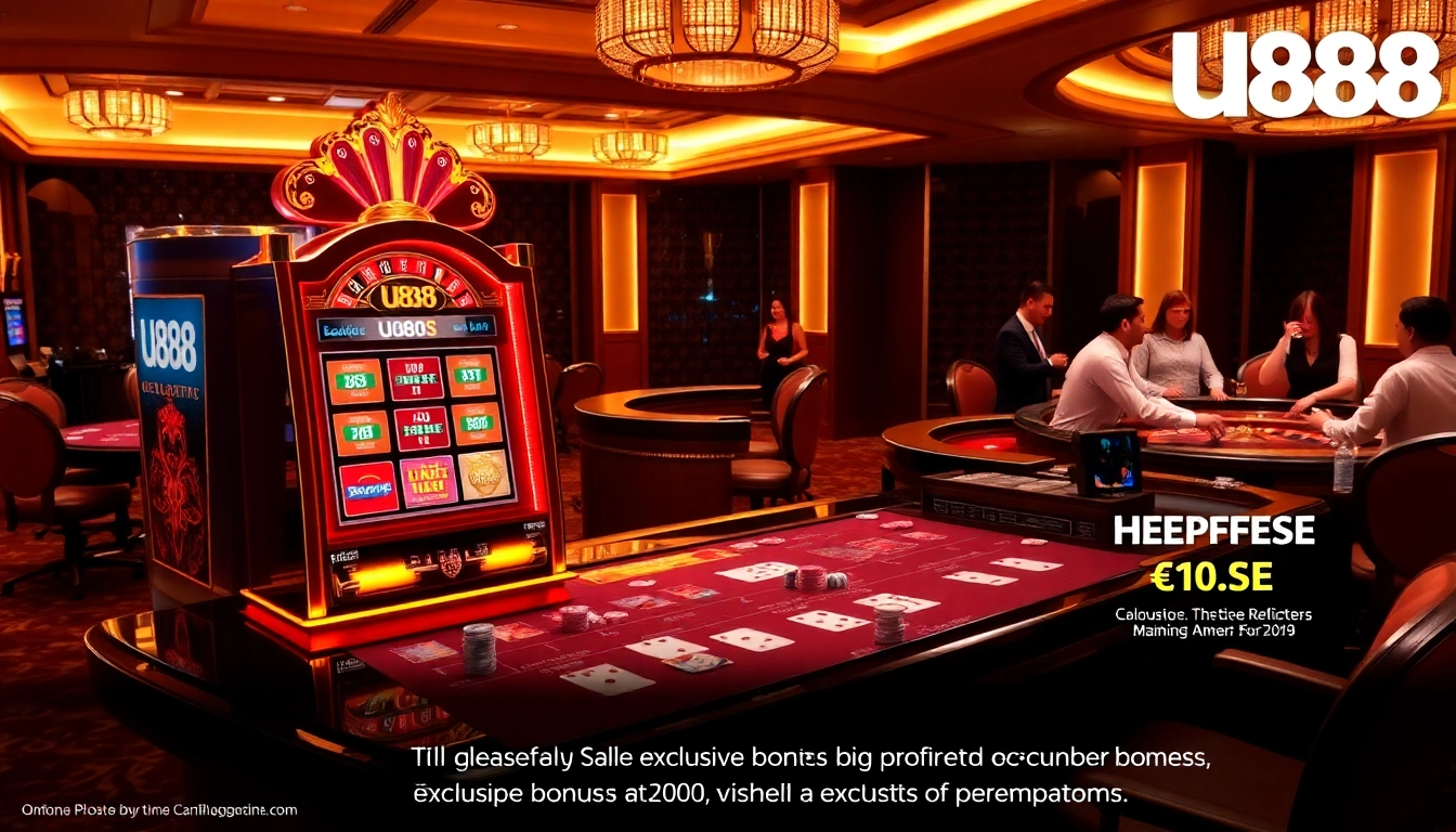 Experience high-stakes gaming action at U888 with vibrant slot machines and poker tables.