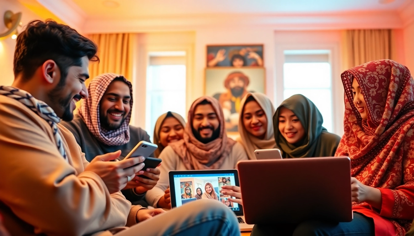 مشهد تفاعلي لمجموعة متنوعة من الأفراد على شات عربي وهم يستمتعون بالمحادثات عبر الإنترنت.