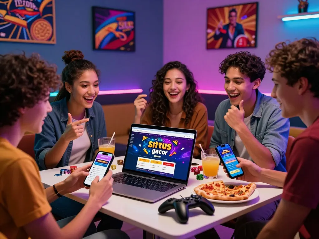 Sahabat menikmati keseruan permainan situs slot gacor online dengan laptop dan camilan, suasana yang hidup
