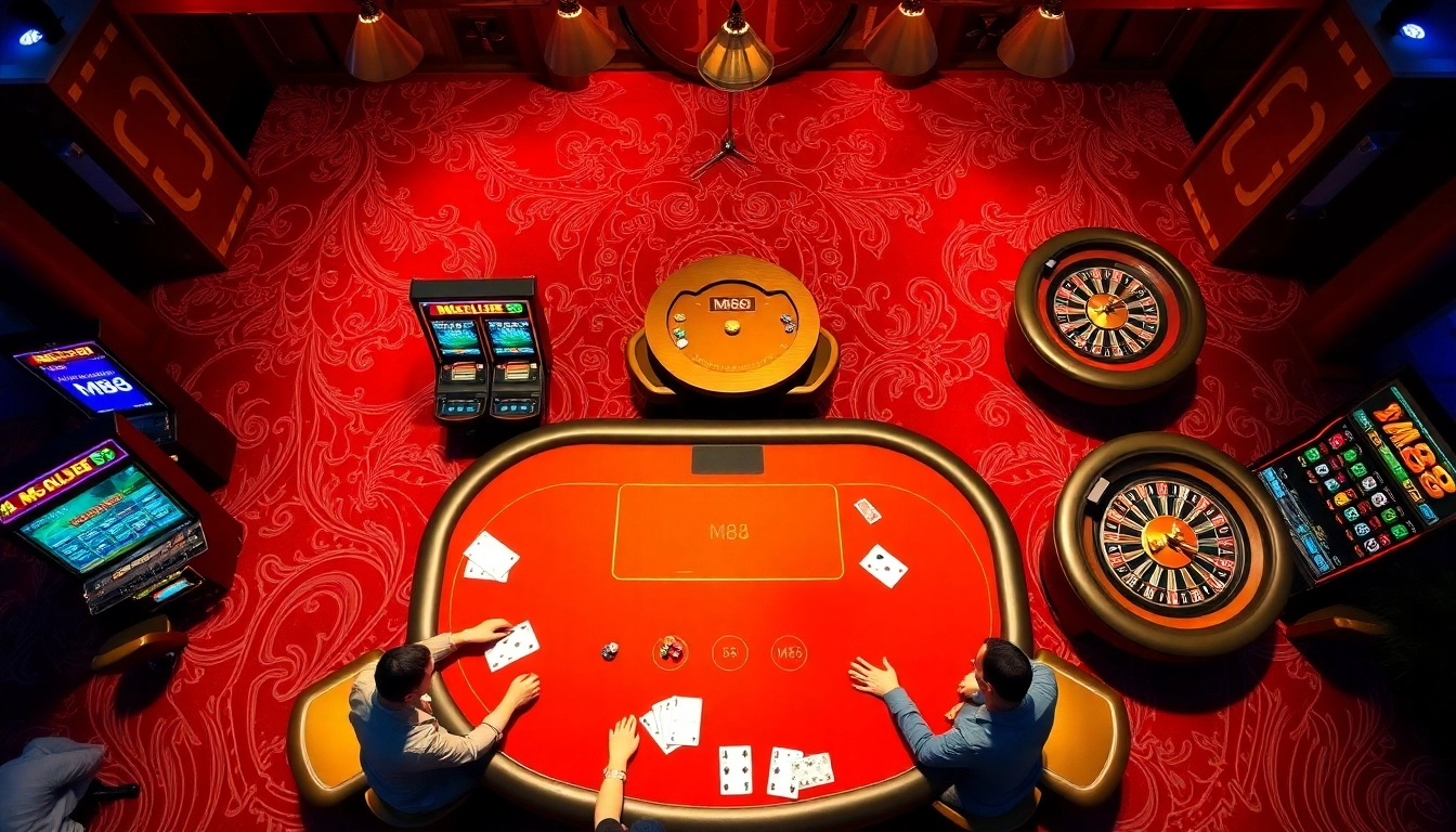 Players engaging in high-stakes action at the M88 casino with vibrant tables and exciting games.