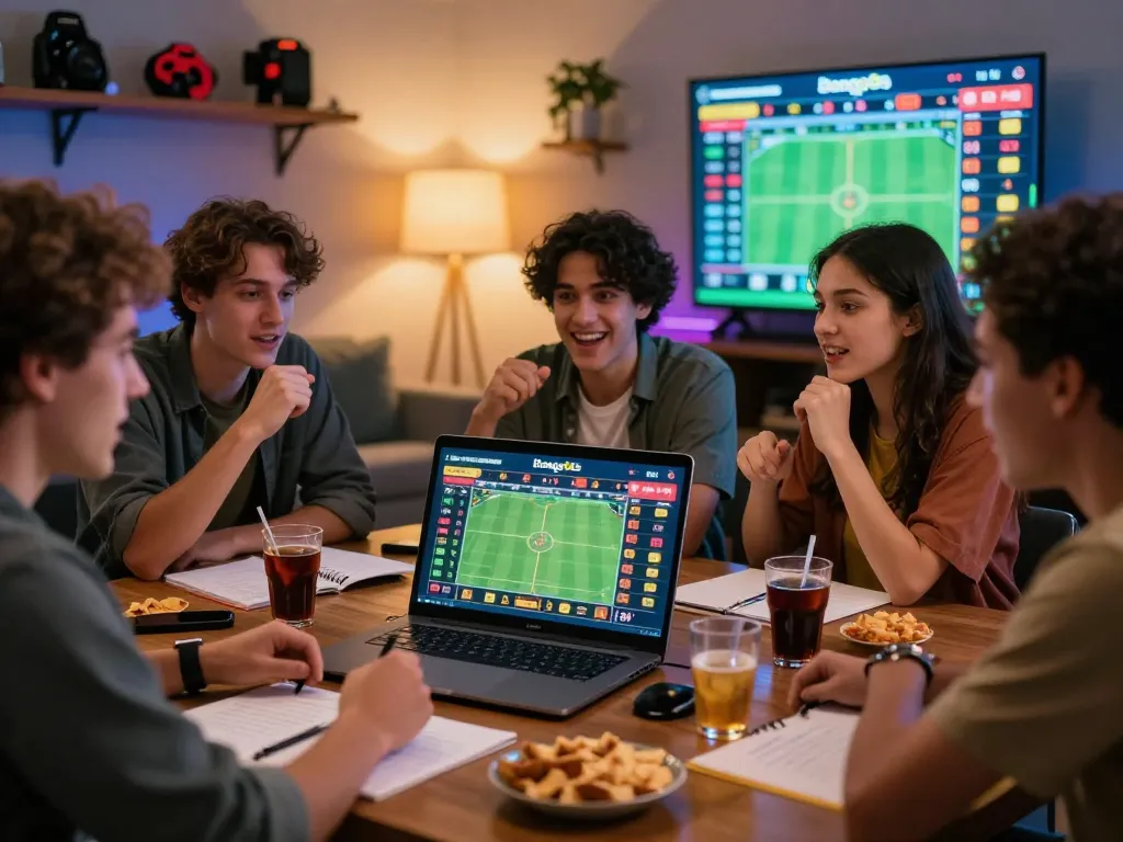 Engaged friends enjoying the Bong99 online betting experience with lively discussions and snacks.
