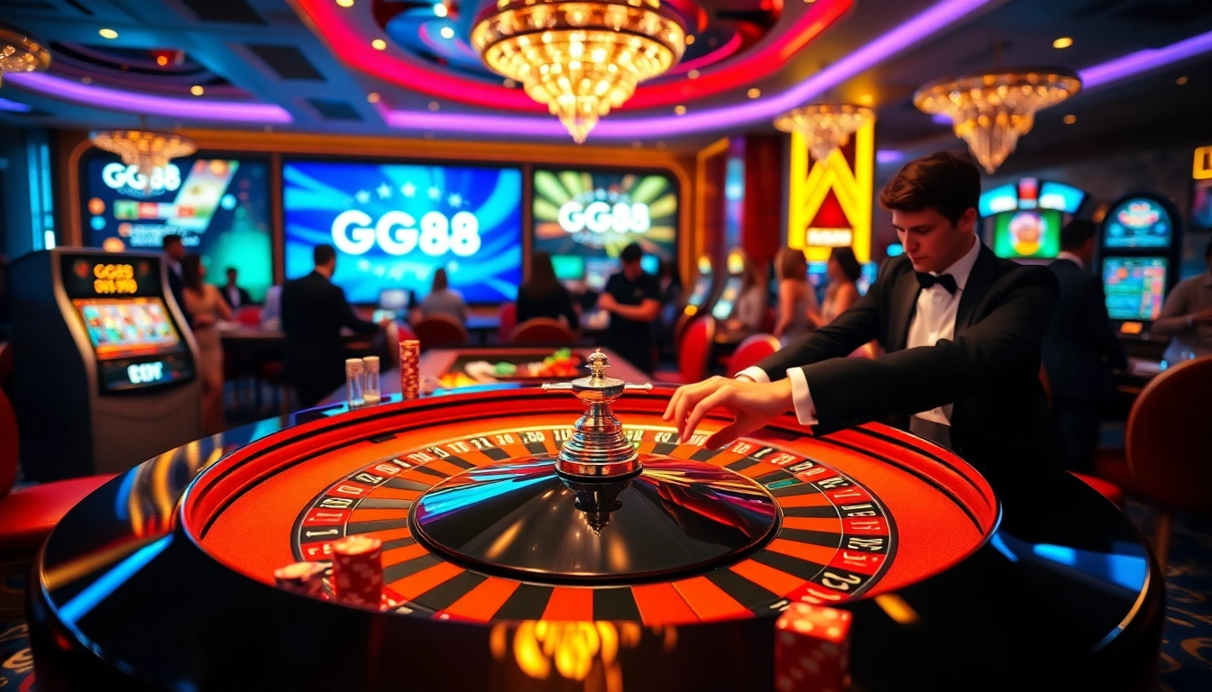 Experience the thrill of betting at GG88 with an exciting casino scene featuring roulette and poker chips.