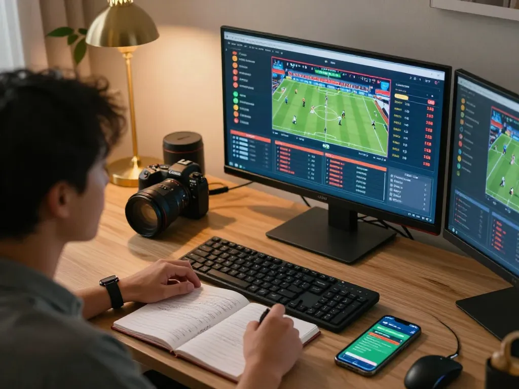 Engaging in NET88 sports betting, a player calculating odds at a stylish home office with multiple screens.