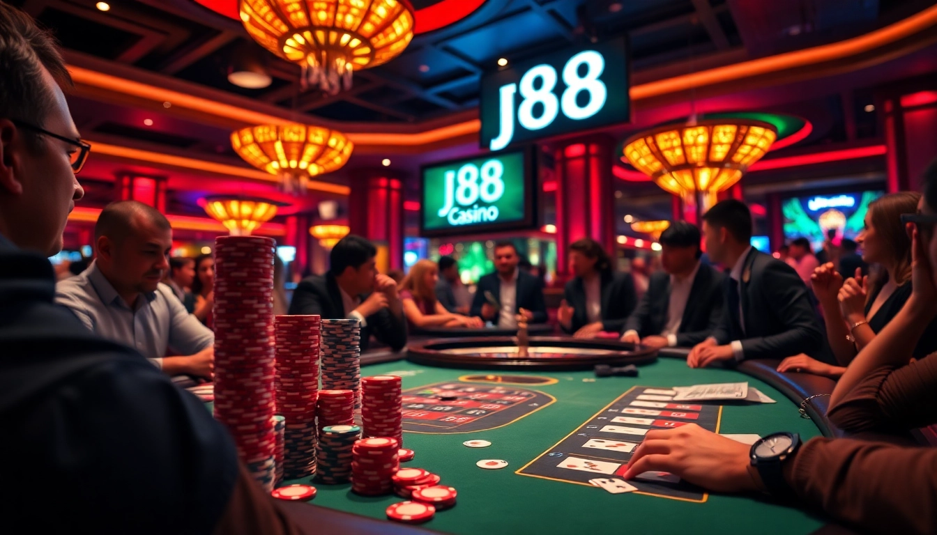 A dynamic poker game at j88 Casino, showcasing vibrant chips and cards in a luxurious setting.