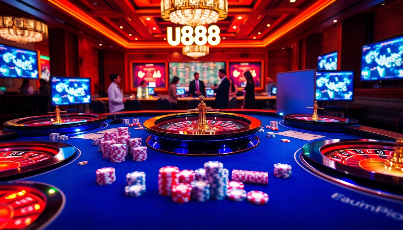 Players enjoying an exciting game at U888 online casino, featuring vibrant poker chips and roulette.