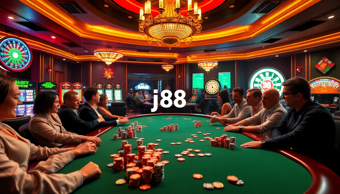 Experience the thrill of j88 as players engage in action at a luxurious poker table in a vibrant casino.