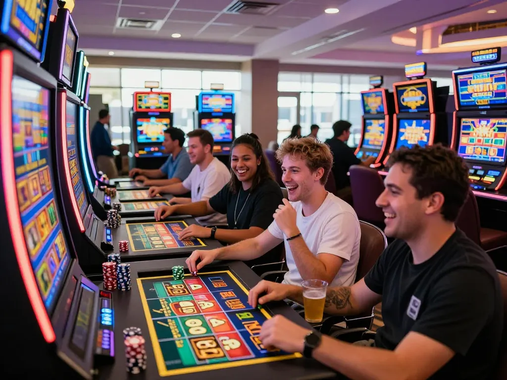 Players joyfully engaging with tante77 slot games in a vibrant casino atmosphere.