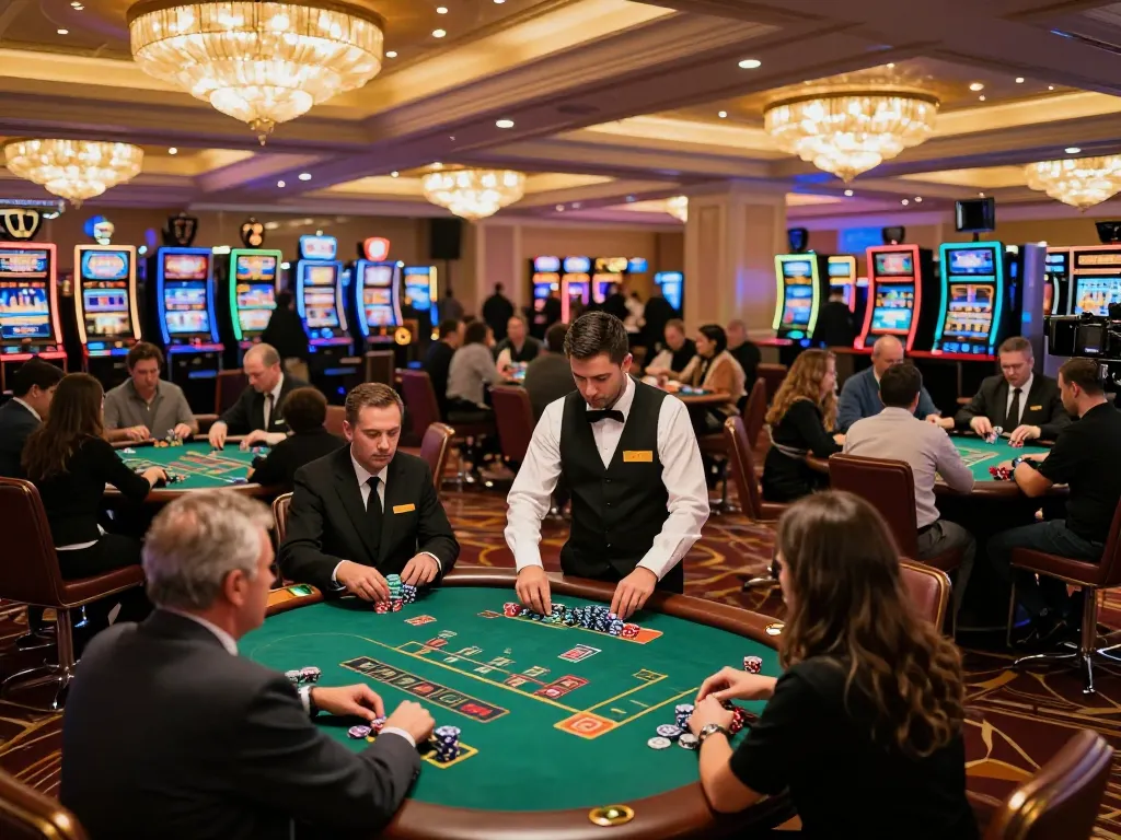 Engaged players at blackjack tables in an upscale casino ambiance, showcasing bk8 as a premier gaming destination.