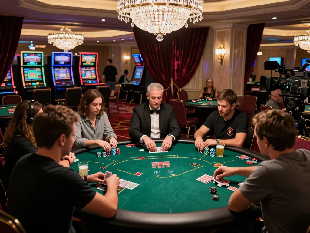 bl555 players strategizing during high-stakes poker game in an elegant casino setting.