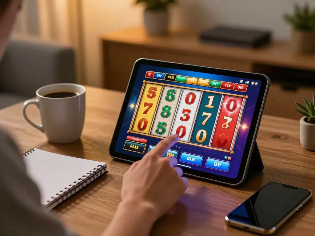 Pengguna DASI4D menikmati momen menang di permainan slot di rumah dengan tablet, menangkap excitement dari perjudian online.