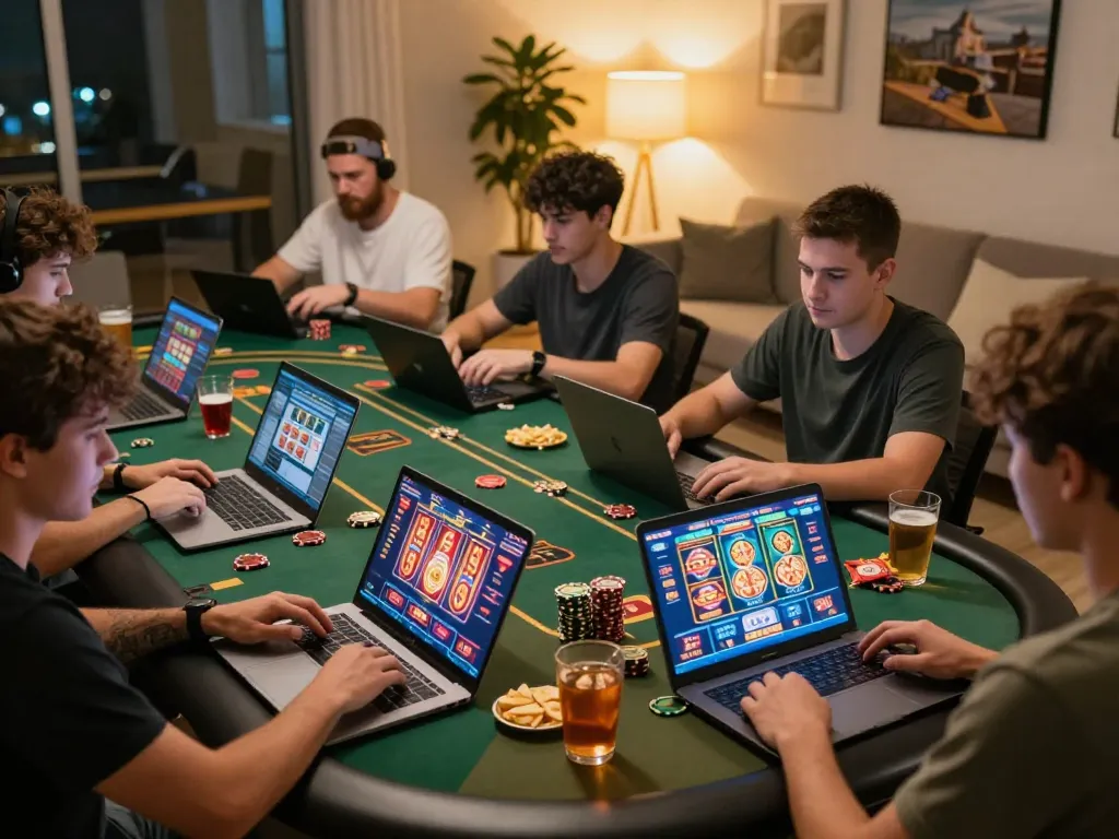 Players engaged in online casino games on laptops, featuring cm8888 gaming excitement in a cozy home environment.