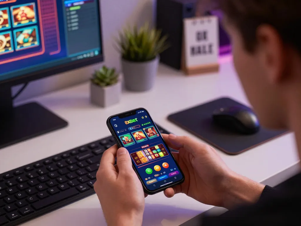 Player engaging with the 8xbet app, anticipating a thrilling online gaming experience.