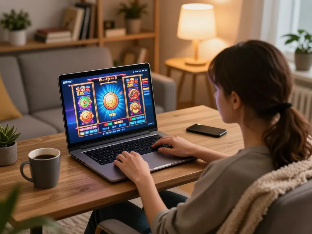 Bermain game Demo Slot di laptop di ruang tamu yang nyaman.