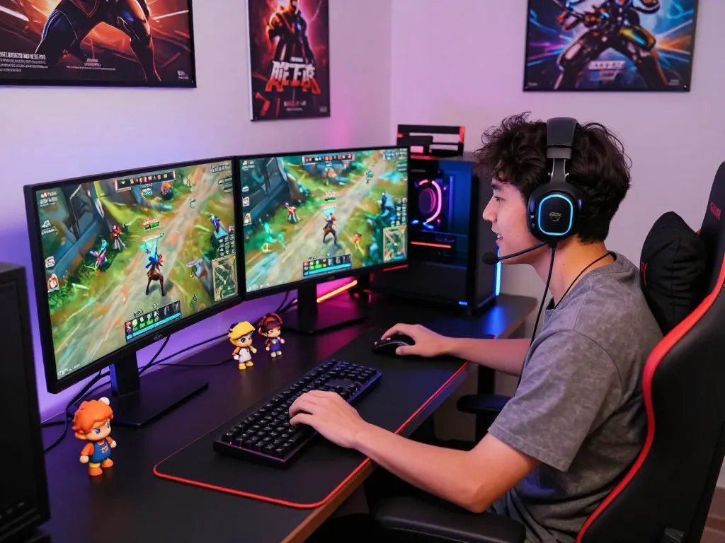 Gamer immersed in online gameplay at stylish desk setup, showcasing https://www.chappellsportscars.com/used-cars/ as a key source for various games.
