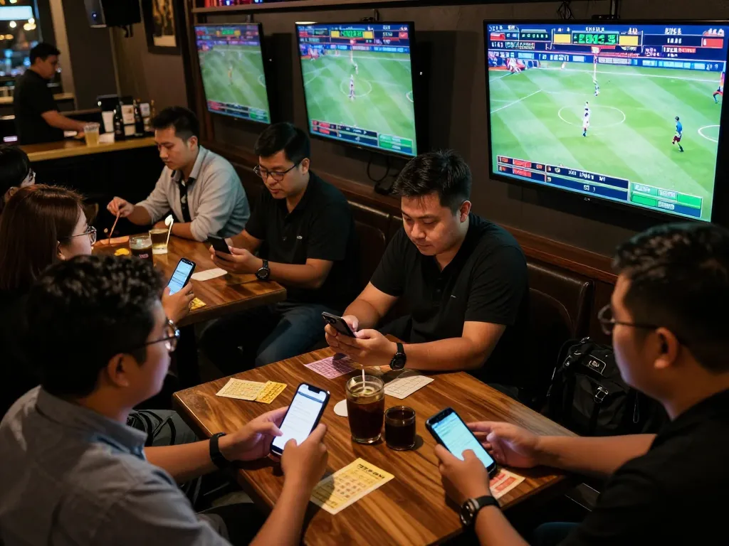 A group of friends engaged in kèo nhà cái trực tiếp betting at a lively sports bar, analyzing odds and placing bets.
