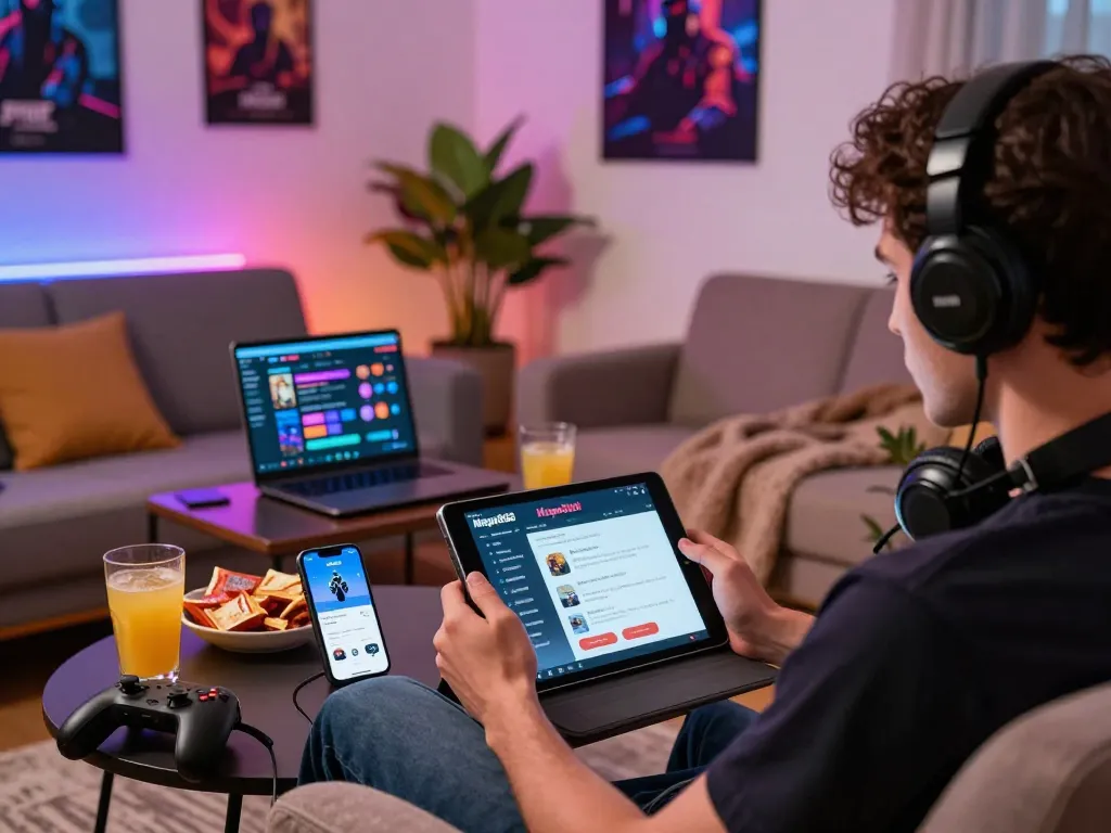 Download game mega888 while enjoying a cozy gaming evening with friends and snacks in a vibrant living room setting.