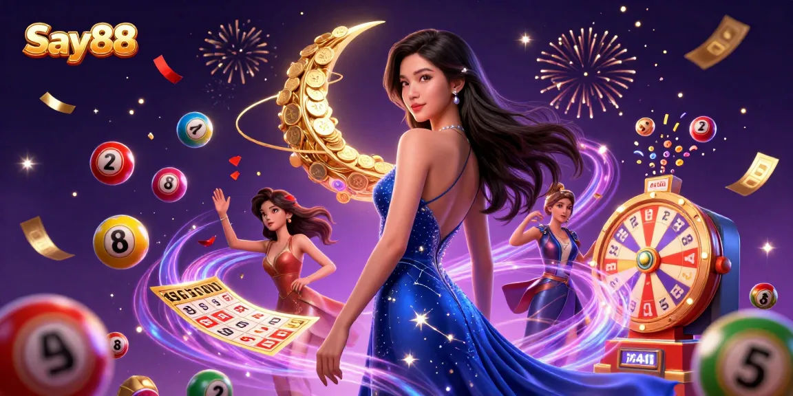 Experience exhilarating gaming at Say88 with vibrant lottery balls and festive elements for an engaging casino atmosphere.