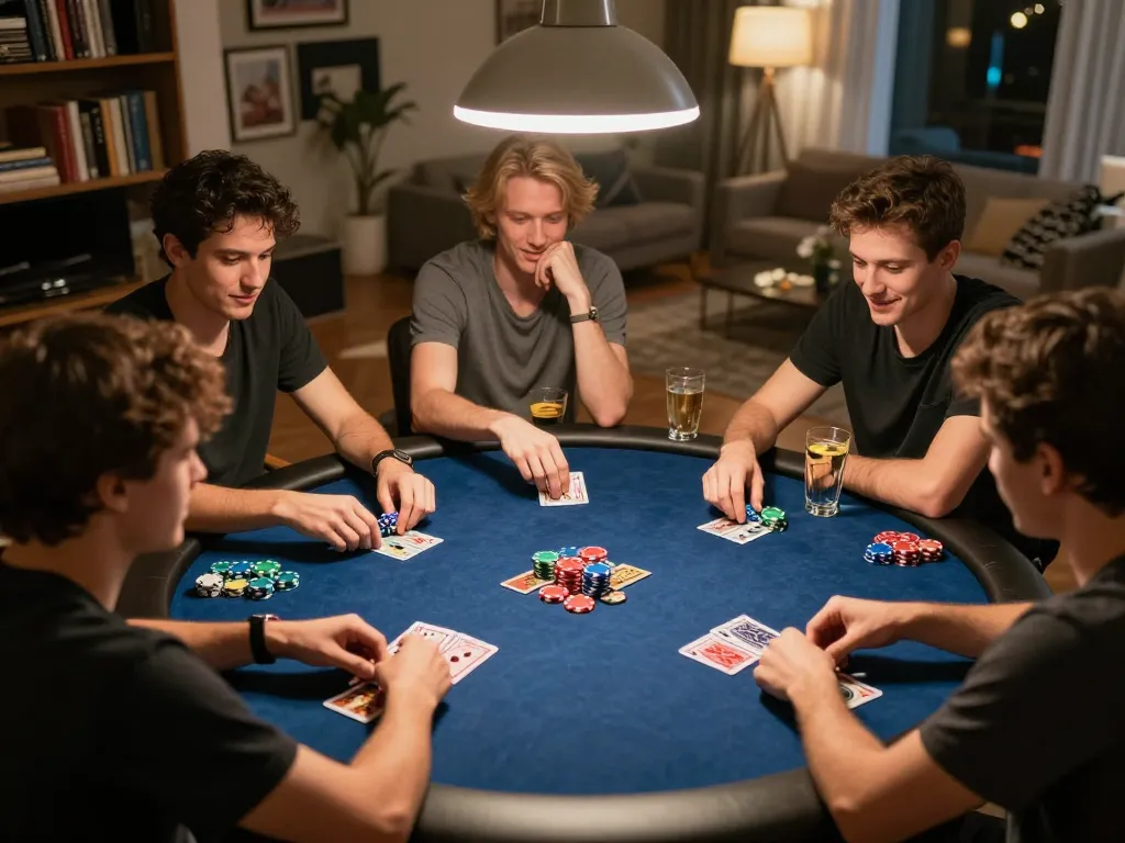 Engaged players strategizing at a poker game during a lively home gathering, exploring ytr88's tips.