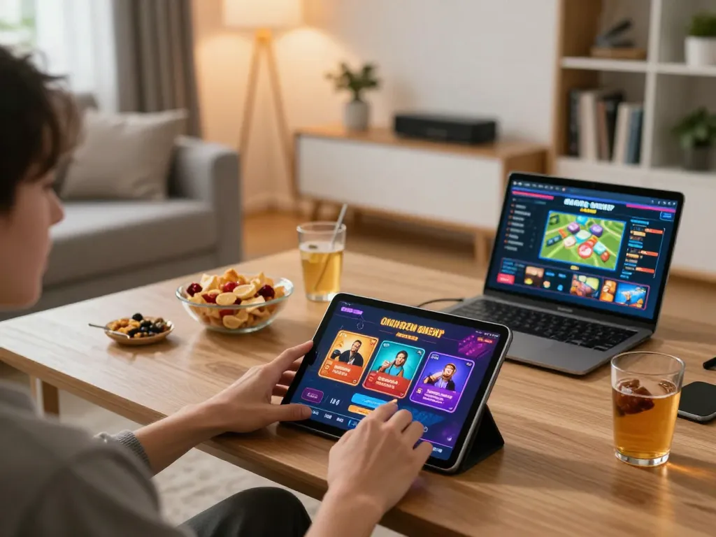 A player engaging in non gamstop online casino games on a tablet in a cozy home environment