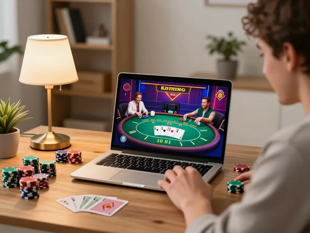 Player enjoying GG88 online casino poker game on laptop in warm home setting