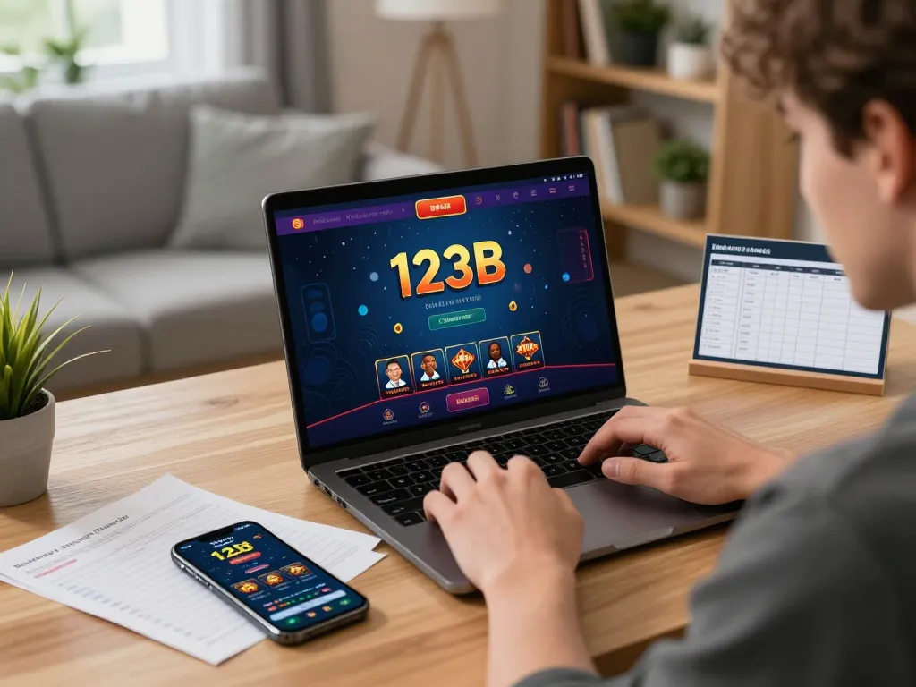 Engaging player exploring 123B online casino on their laptop in a cozy home environment.