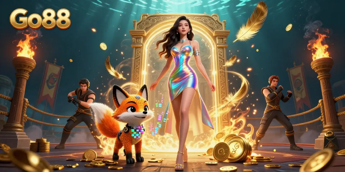 Engage with Go88's thrilling casino adventures featuring a dazzling woman and dynamic elements.