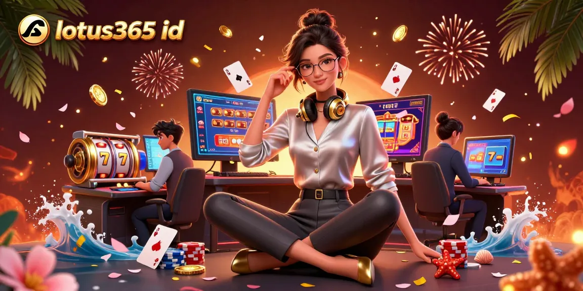 Engage with vibrant online gaming action using your lotus365 id, featuring slot games and iconic casino elements.