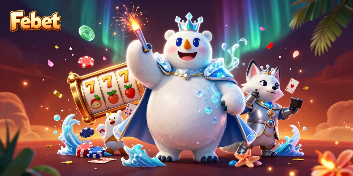 Febet showcases an exciting casino scene featuring a polar bear king and a snow fox with vibrant game elements.