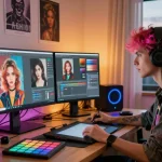 Creating NSFW AI-driven digital art in a vibrant studio environment with creative tools and city view.